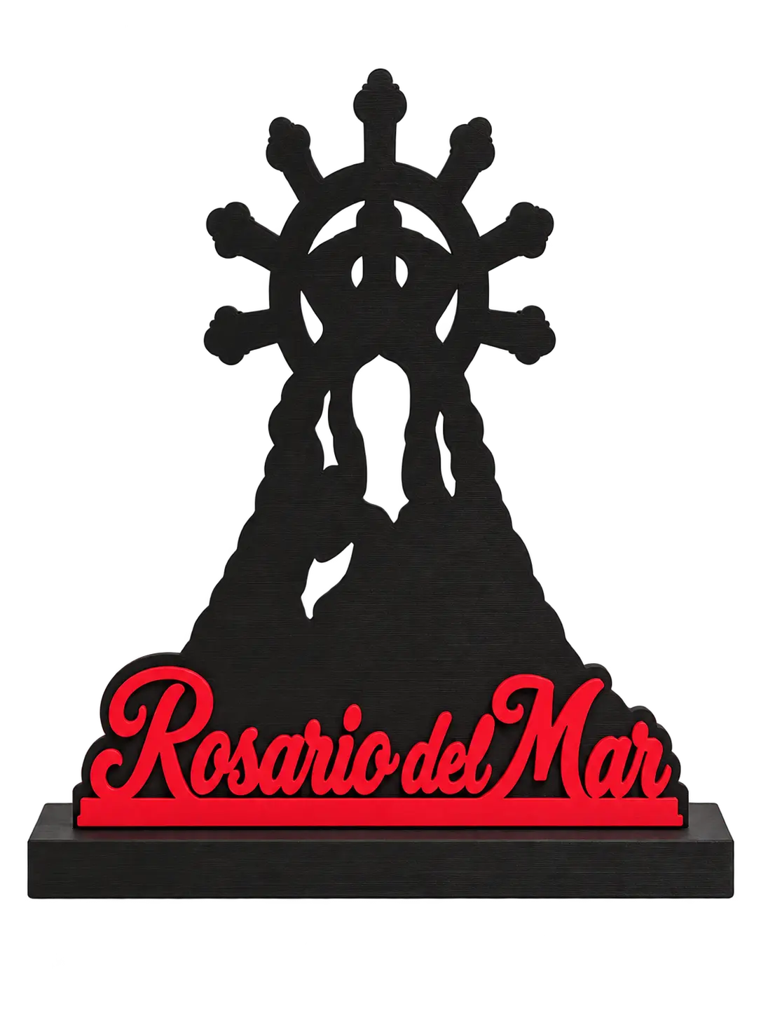 Nuestra Señora del Rosario del Mar con peana, recreación digital con el nombre rojo