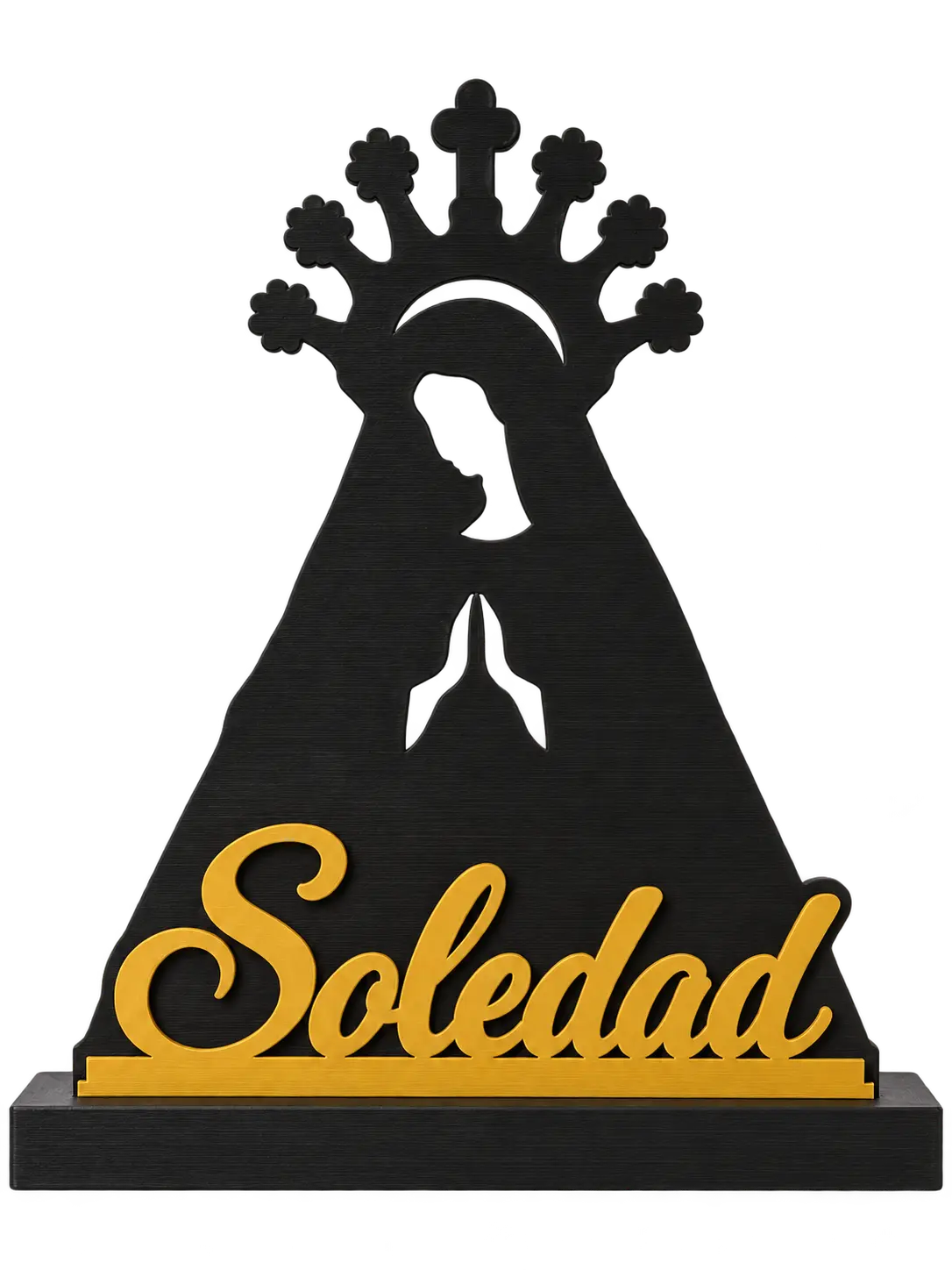 Nuestra Señora de los Dolores con peana, recreación digital con el nombre dorado